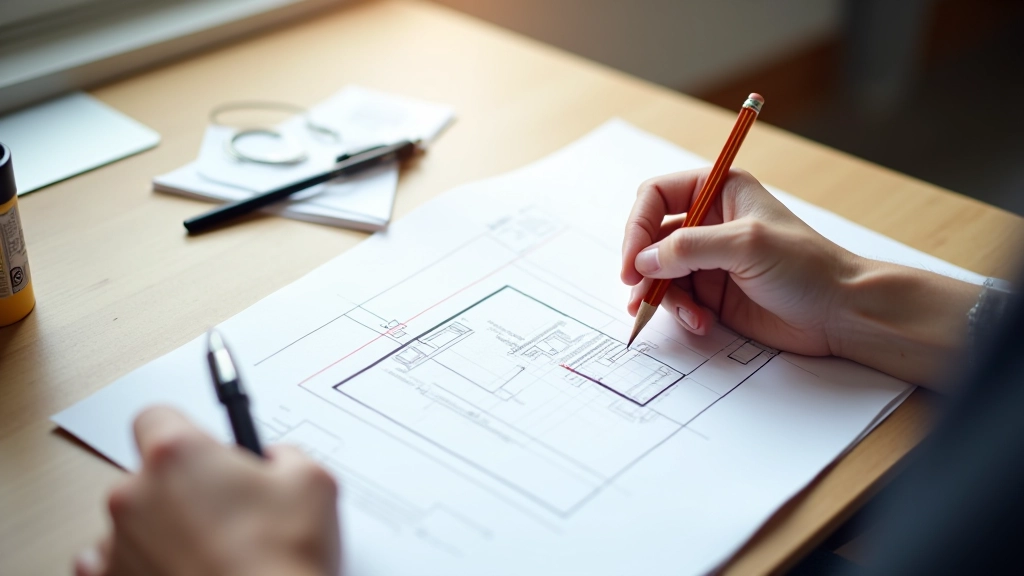 Designer's hands sketching mobile wireframes and layout sketches on paper with pen