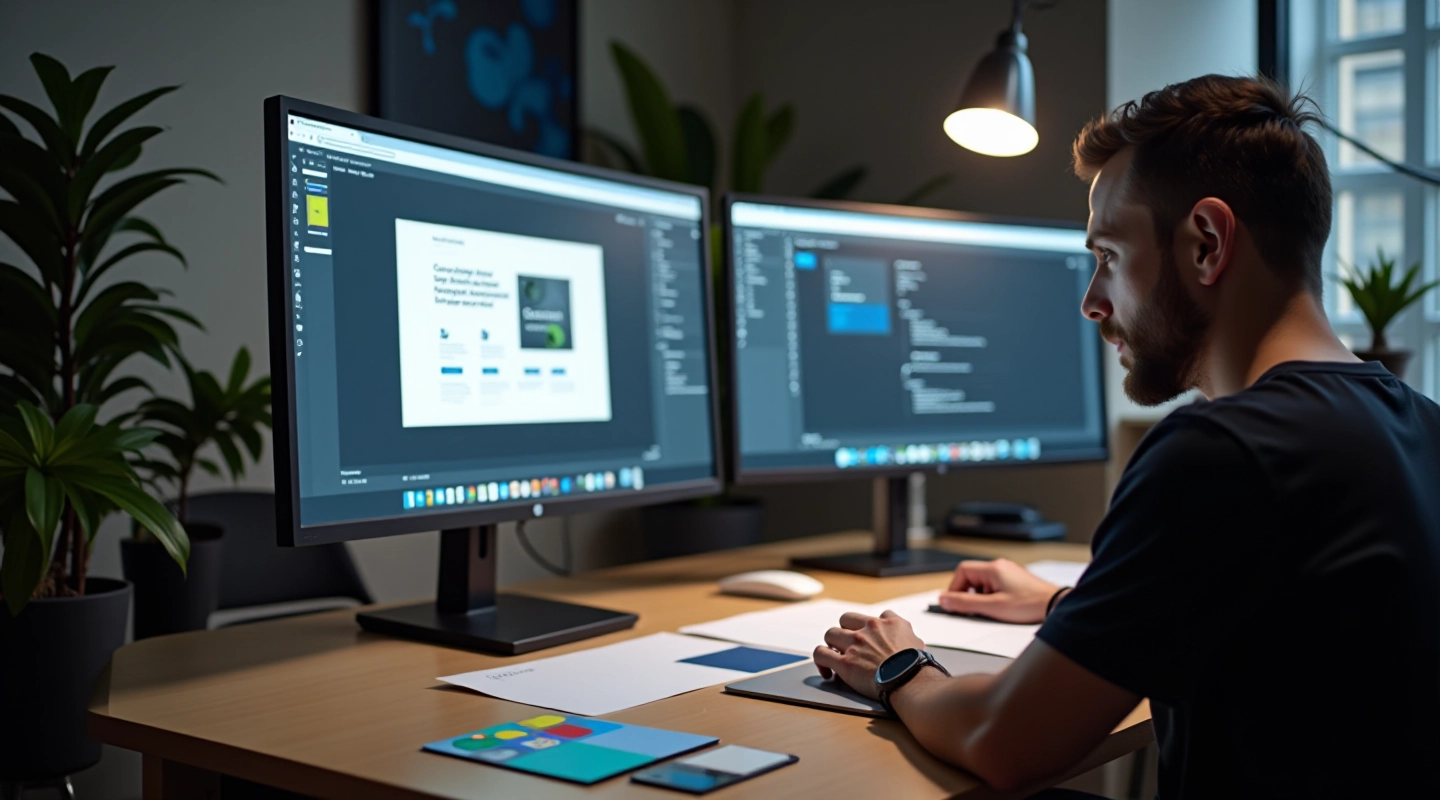 Modern web design workspace with responsive layouts displayed on multiple devices and monitors
