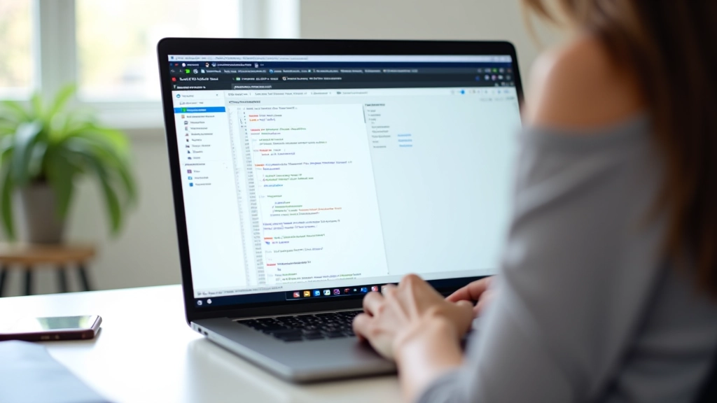 Developer using laptop with browser developer tools open showing responsive design mode with multiple device frames