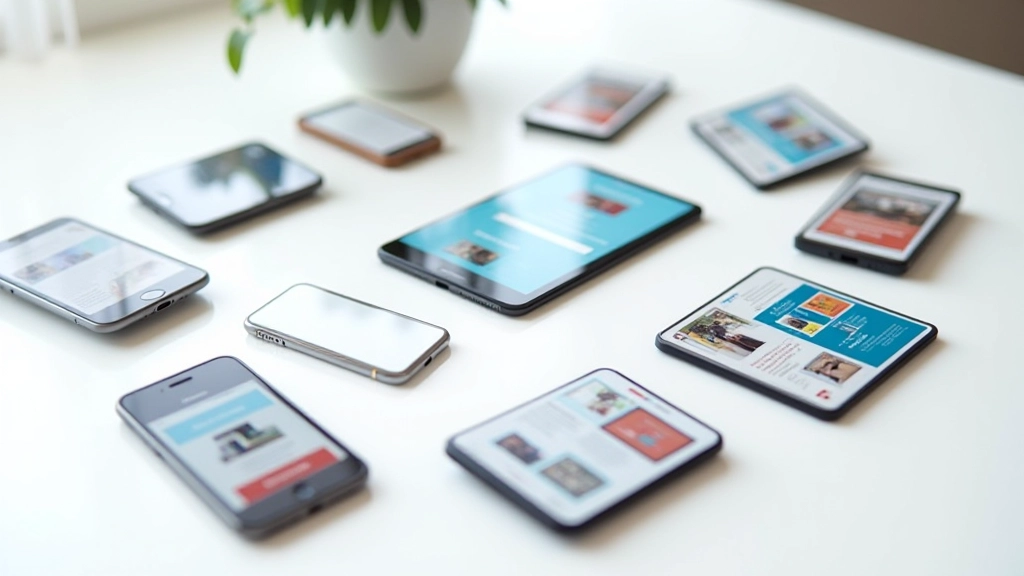 Multiple mobile devices and tablets arranged on a clean desk showing responsive websites at different screen sizes